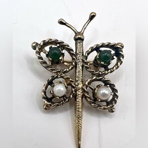 **Rare** Vintage Sterling 925 Butterfly Brooch with Jade and Pearl Accents
